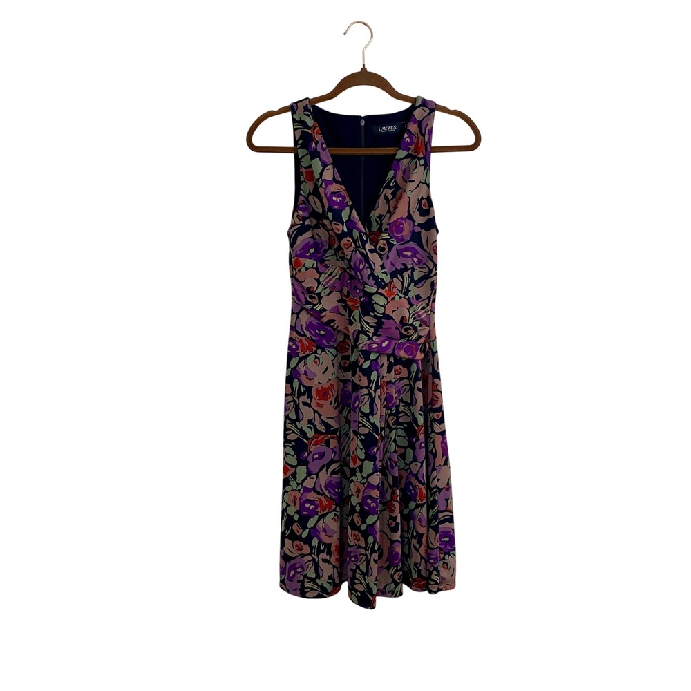 Lauren Ralph Lauren Floral Faux Wrap Jersey Dress Sz 2 Purple Navy Ruched V-Neck